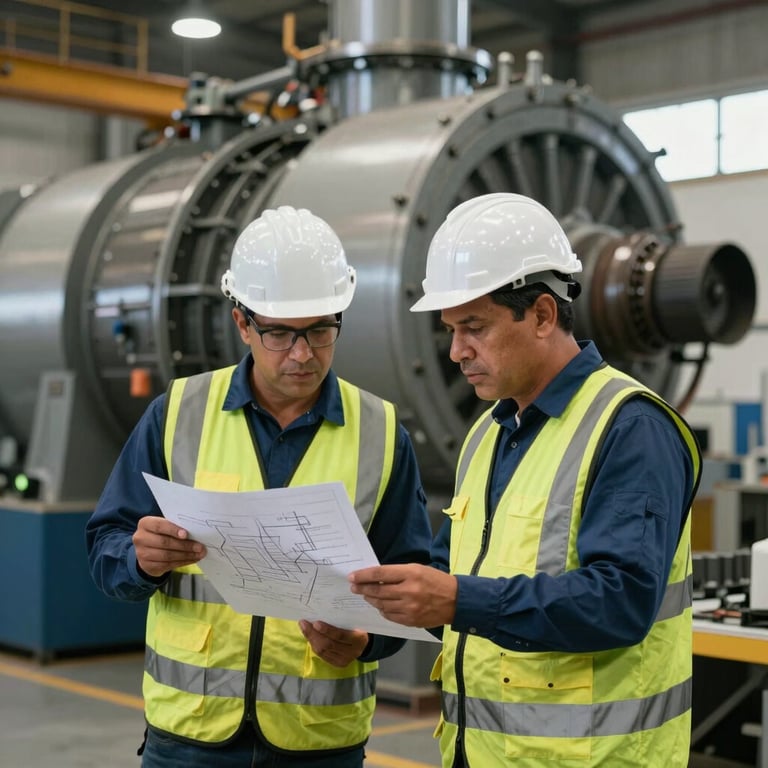 Two professionals in safety gear discussing a technical drawing in a large mechanical room, South American / Brazilian setting.