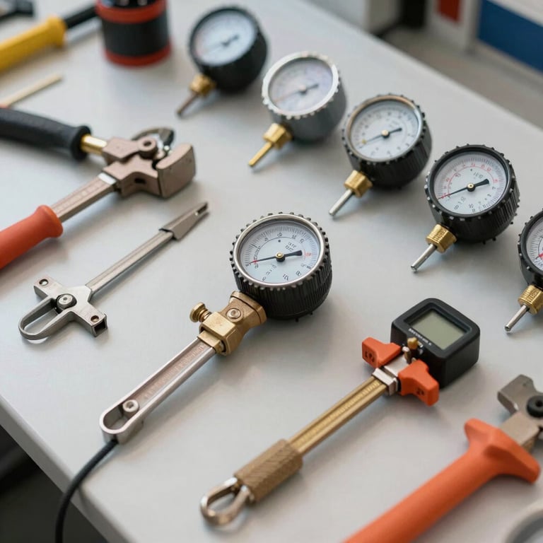 A set of specialized HVAC tools and digital gauges laid out neatly on a clean work surface, conveying efficiency.