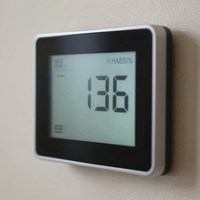 A close-up of a digital smart thermostat in a North American / US home, showing a perfect temperature setting, reflecting modern efficiency and comfort.