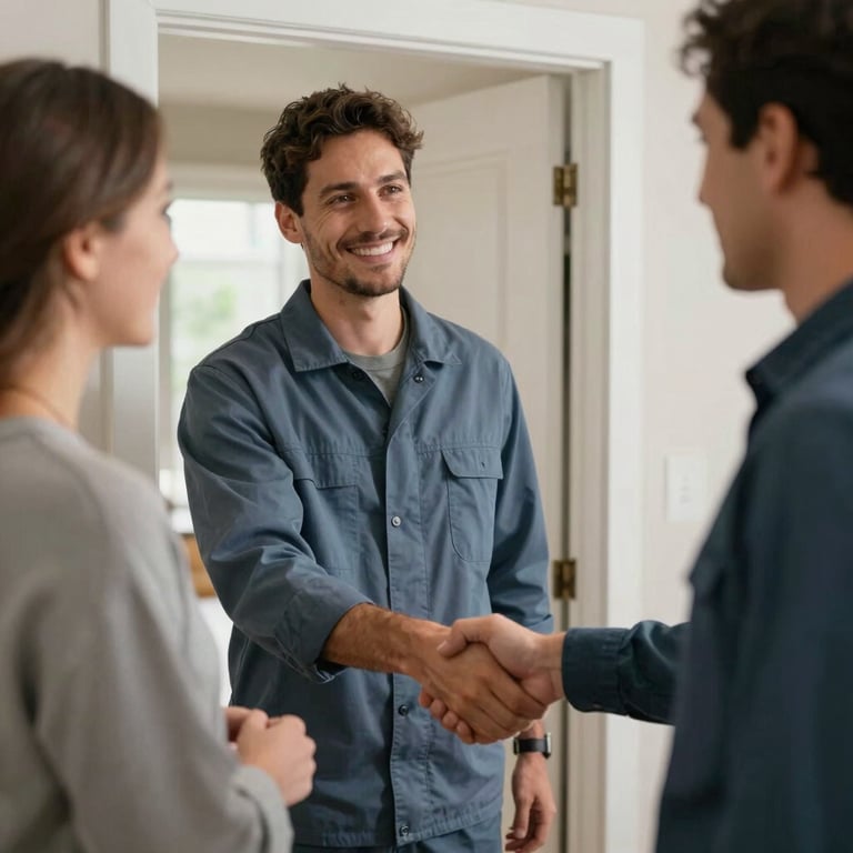 A smiling technician in a muted slate blue uniform shaking hands with a homeowner in a North American / US doorway, representing trust and client satisfaction.