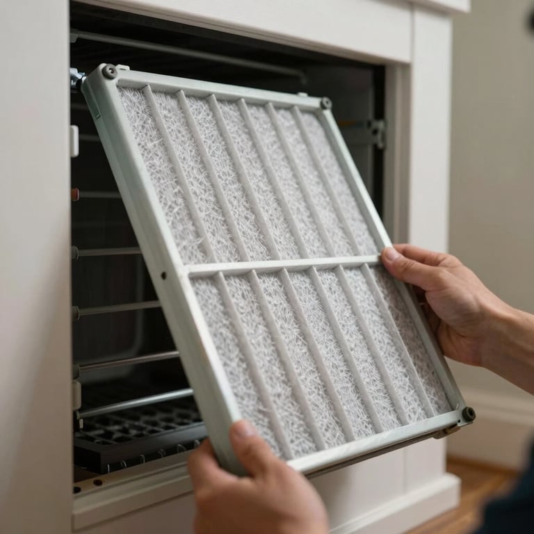 A high-contrast photo of a brand-new furnace filter being installed in a North American / US residence, showcasing maintenance and care.