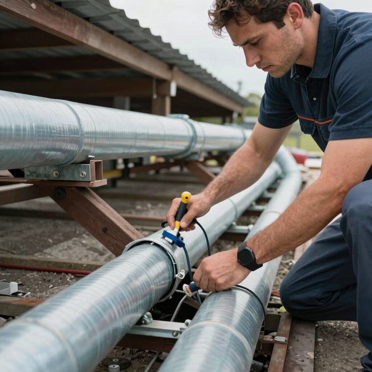 An HVAC specialist in a North American / US attic, inspecting clean air ducts with professional tools, emphasizing reliability and thoroughness.