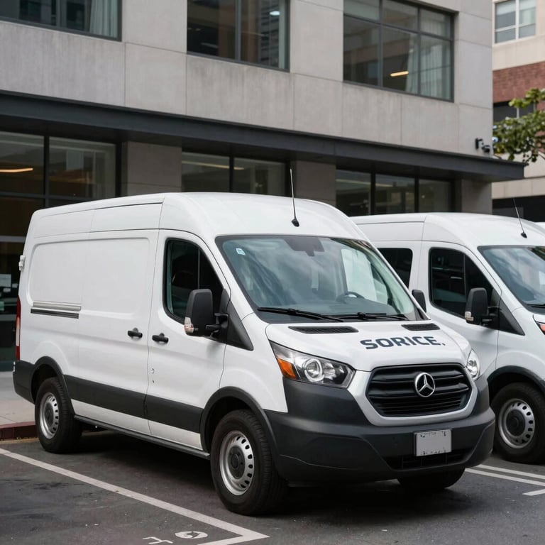 A fleet of clean, professional service vans parked in front of a modern building in a North American / US city, representing prompt and ready service.