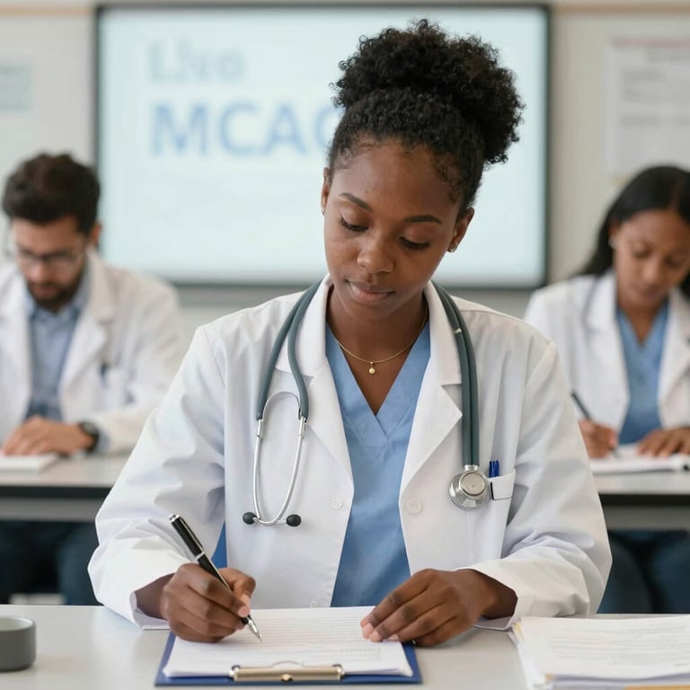 A diverse group of students engaged in a lively mentorship session with a Black American doctor.