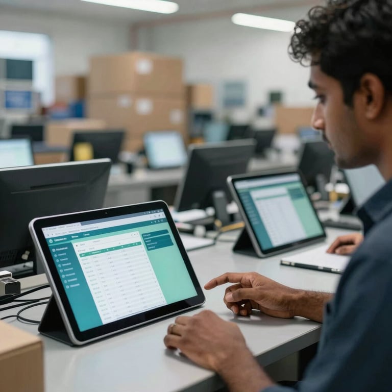 A bright, organized e-commerce logistics center in India with digital tablets showing order fulfillment software in muted teal and navy colors.