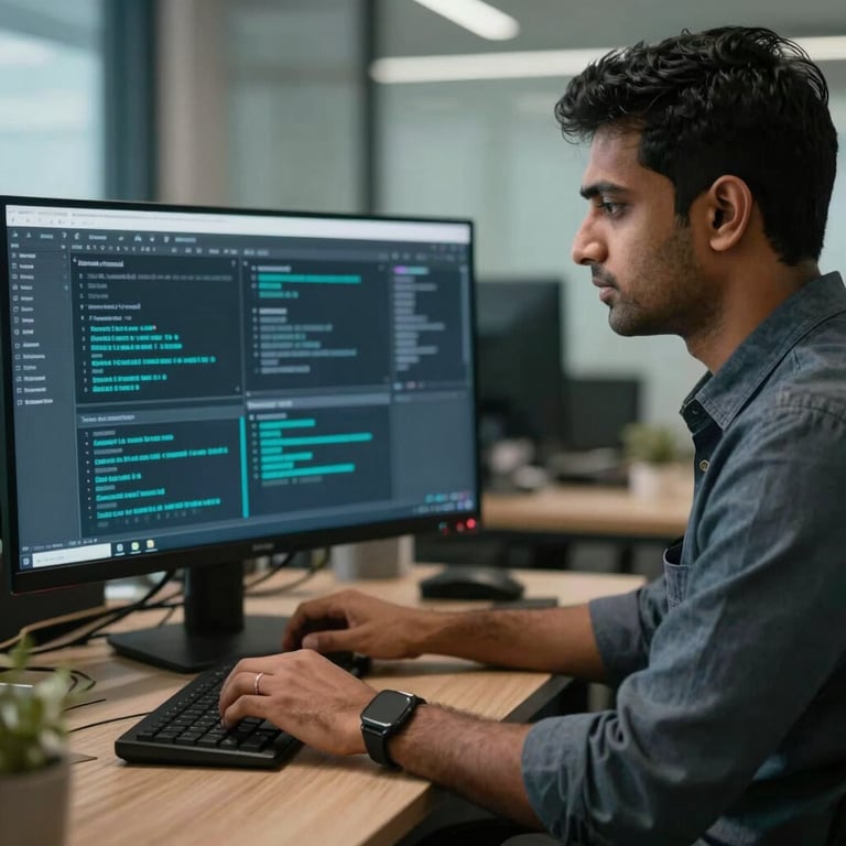A South Asian / Indian software engineer working on a complex interface in a professional Mumbai office, featuring dark navy and muted teal color themes.