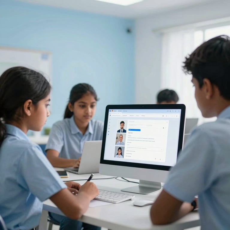 An educational setting in India where students interact with a modern learning platform, with soft sky blue lighting and arctic white surroundings.