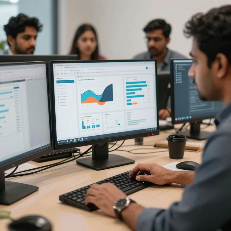 A close-up of a digital marketing team in a South Asian / Indian studio reviewing data-driven campaigns on high-resolution displays.
