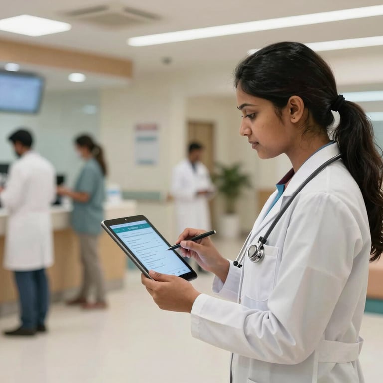 A clean, modern South Asian / Indian hospital lobby where staff use a high-performance tablet application designed for healthcare efficiency.