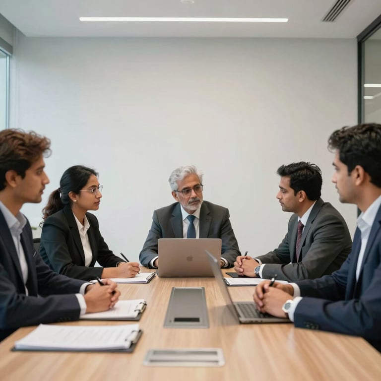 A modern, sophisticated South Asian / Indian boardroom where professional leaders discuss digital transformation strategies under clean, bright lighting.
