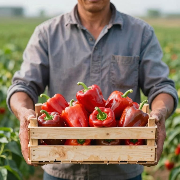 A farmer in a green field holding a crate of vibrant, ripe crimson peppers.