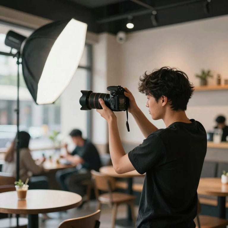 Behind-the-scenes shot of a professional photographer adjusting lighting in a modern cafe.