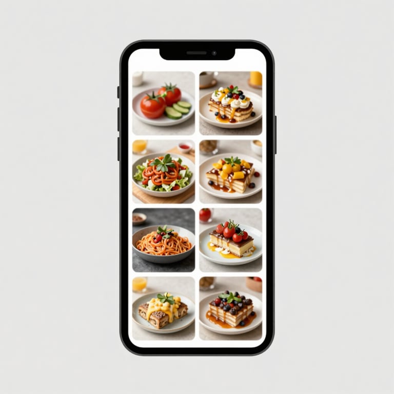 A clean, minimalist shot of a smartphone displaying a grid of high-quality food photography.