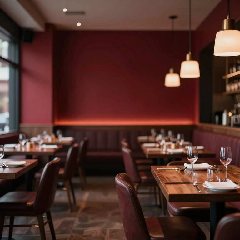 A high-contrast shot of a sleek restaurant interior with dark wood furniture and deep red wall accents.