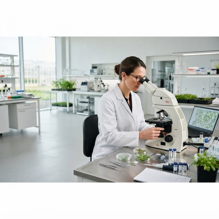 Agronomist in a modern agricultural laboratory, examining plant tissue under a microscope, with clean, bright lighting. A wide panoramic view with ample negative space to the left.
