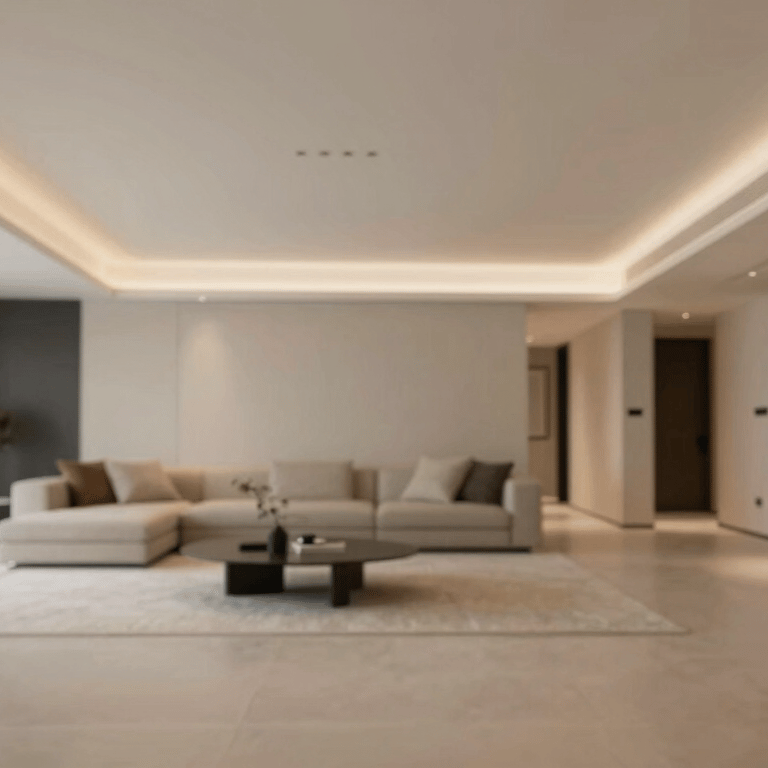 A minimalist luxury living room with perfectly finished walls and elegant flooring.