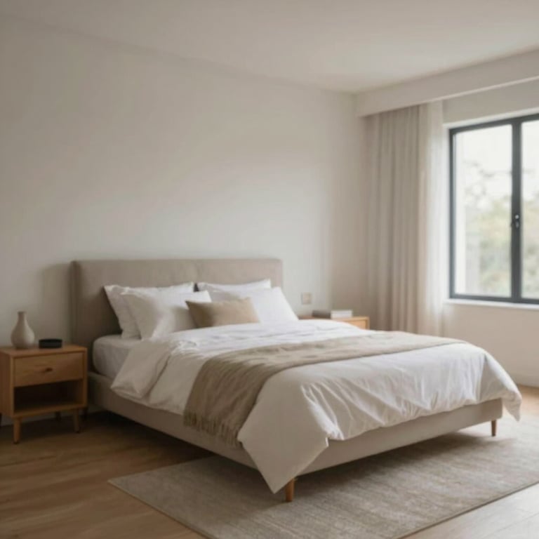 A spacious, light-filled bedroom reflecting sophisticated comfort.