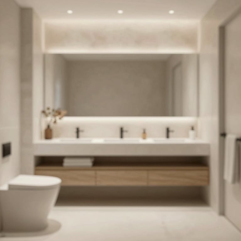 A contemporary bathroom renovation featuring stone textures and modern fixtures.
