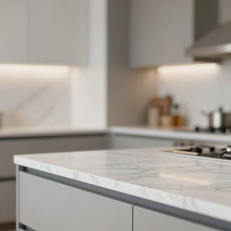 Detailed close-up of high-end kitchen cabinetry and marble worktops.