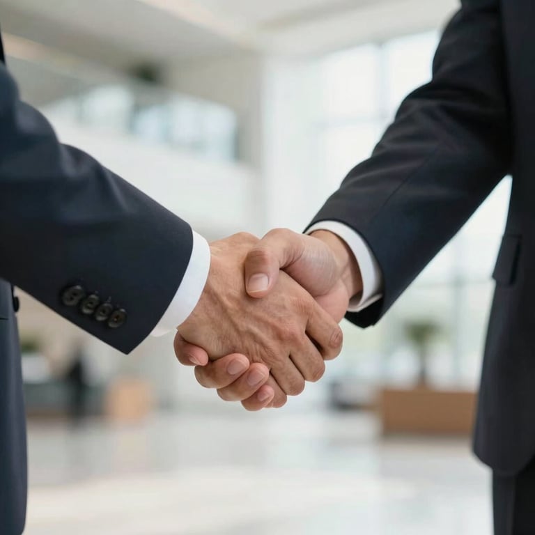 A professional close-up of two executives shaking hands in a bright, modern foyer, conveying authority and trust.