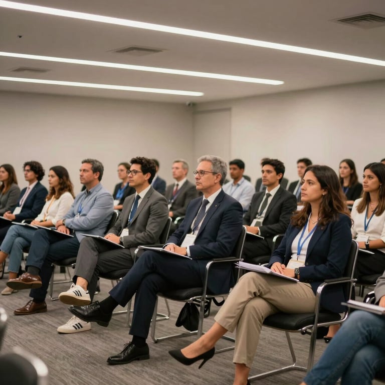 A wide shot of a corporate seminar hall in Brazil with focused attendees, utilizing soft lighting and a clean, innovative design.