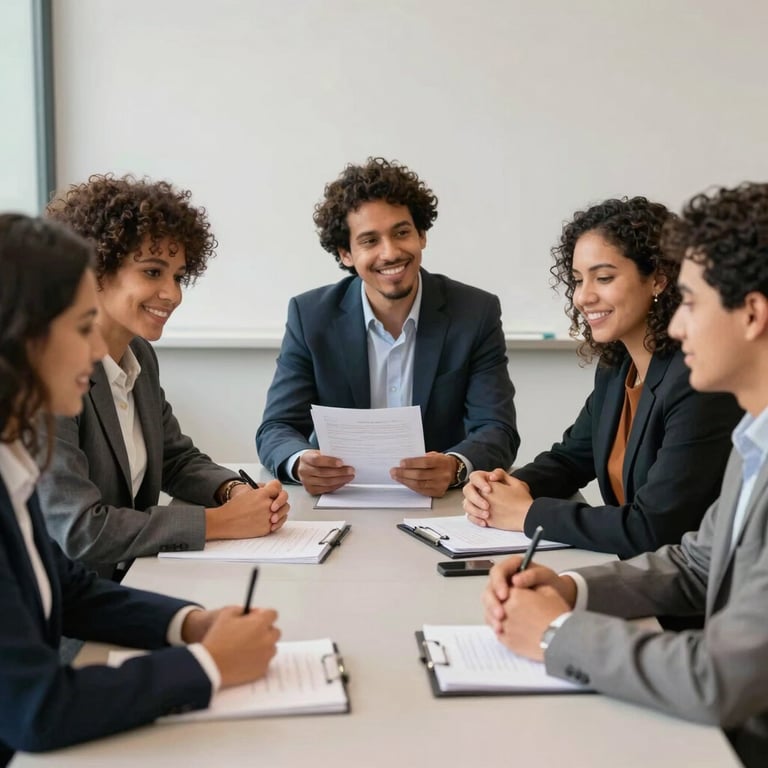 A group of diverse Brazilian professionals engaged in a management workshop, smiling and collaborating around a light gray table.