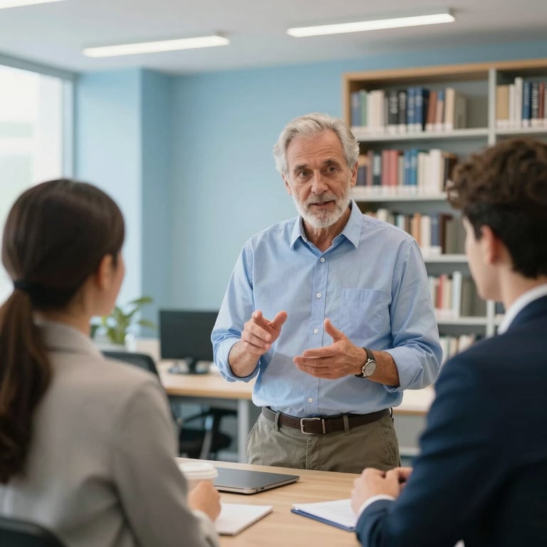 A senior mentor explaining a leadership concept to a young manager in a bright, modern office library with light blue decor.