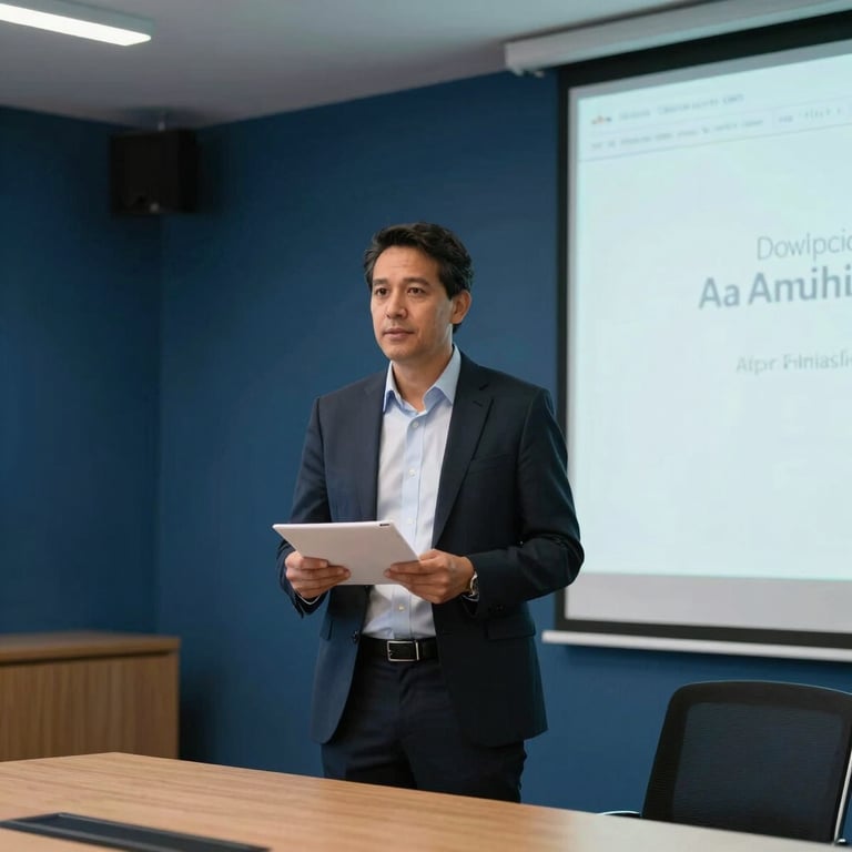A South American executive leading a presentation in a modern conference room with deep blue accents.