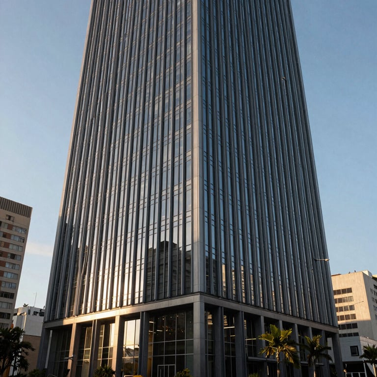 A sleek, modern corporate building exterior in a major South American business district under a clear sky.