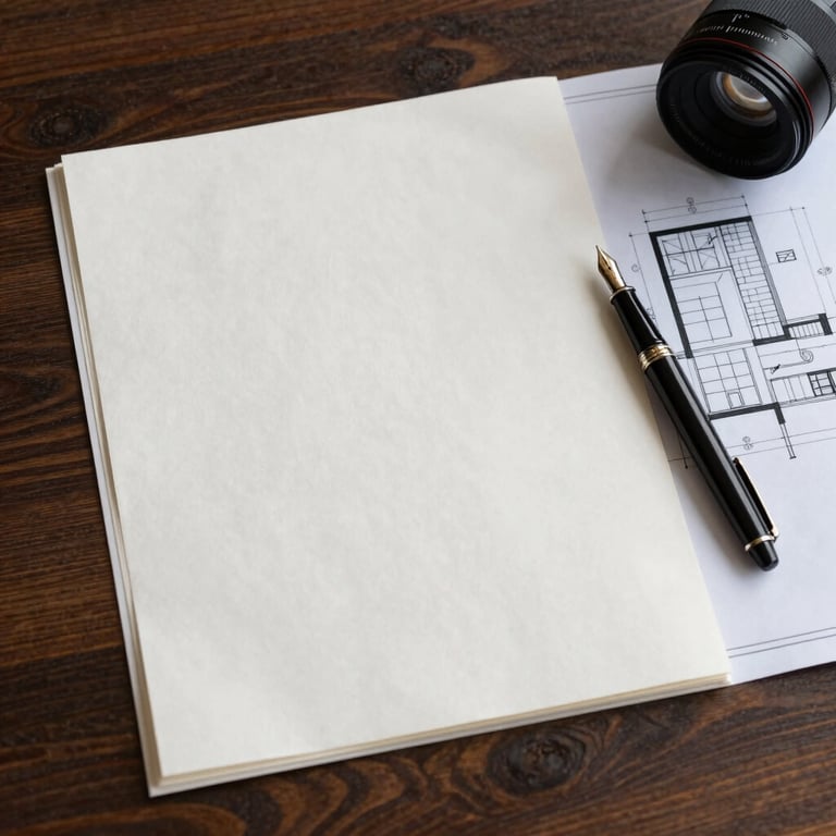A flat-lay composition of heavy cotton paper, a fountain pen, and architectural blueprints on a dark walnut desk under soft side lighting.