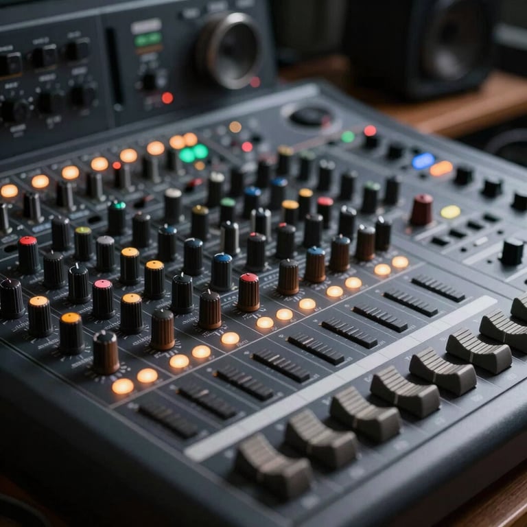 Close-up of a professional sound mixer with glowing indicator lights in a dark charcoal studio.