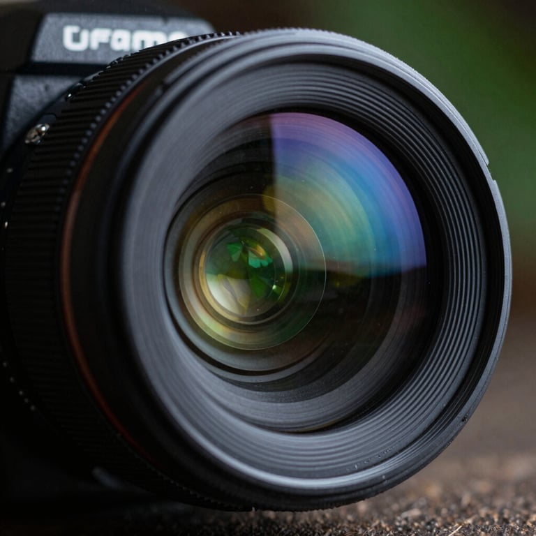 Macro shot of a high-quality camera lens showing reflections of studio lights in deep blue and leaf green.
