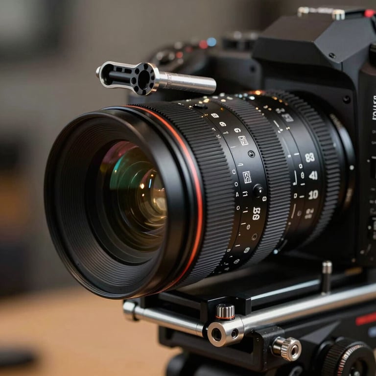 Detail of a camera rig with specialized focus puller gear, showcasing precision and professional engineering.