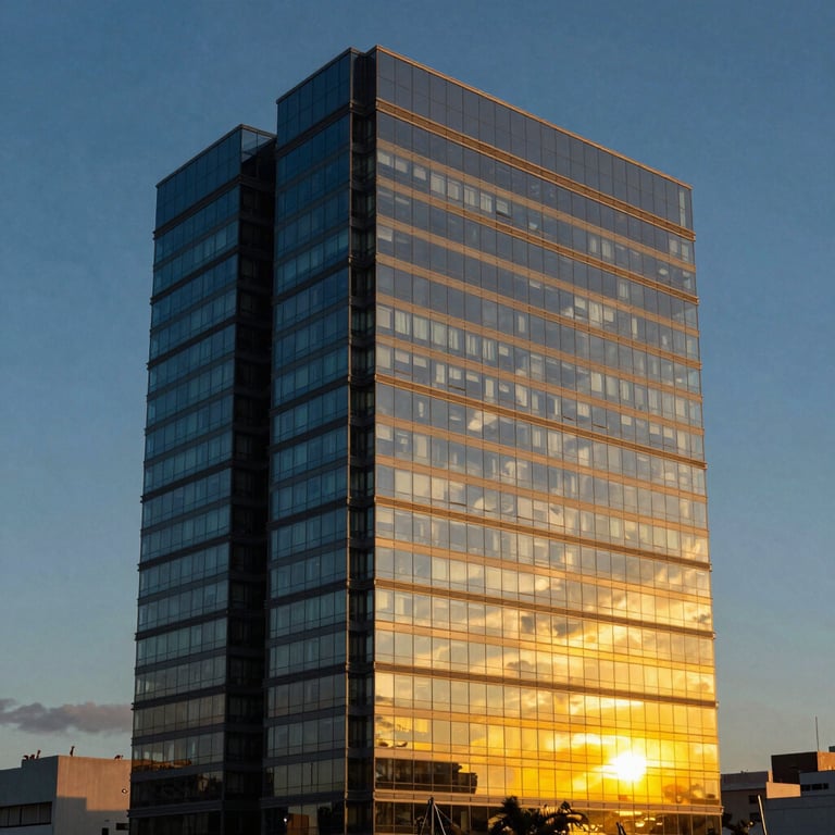 A cinematic shot of a modern office building in Joinville at twilight, reflecting deep blue and vibrant yellow sky tones.