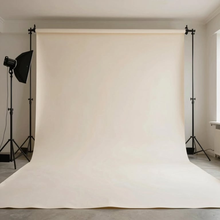 A clean, wide-angle shot of a minimalist production set with soft off-white backdrops and professional lighting gear.