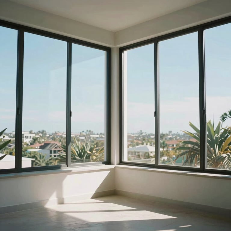 Interior view of a bright Florida sunroom with large windows showcasing soft light blue skies and modern elegance.