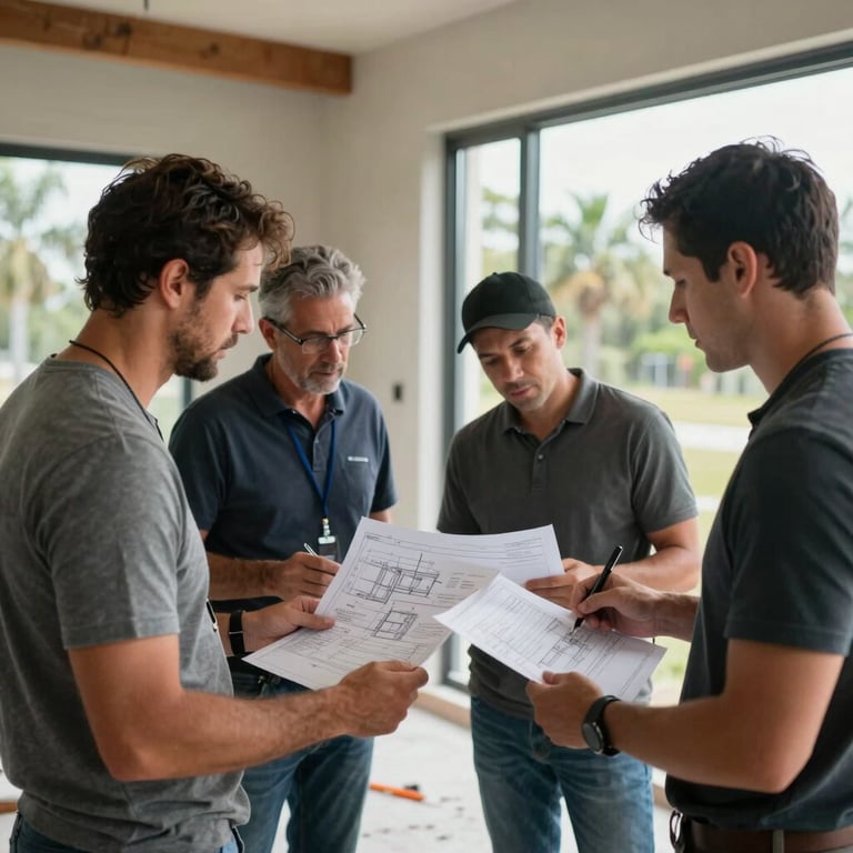 A group of professionals in a North American / Florida project site reviewing window installation plans with focus and precision.