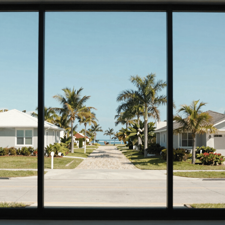 Exterior of a luxury Florida residence featuring modern dark navy window frames and impact-resistant glass.