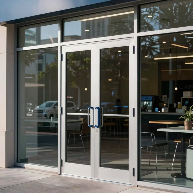 A commercial storefront in a North American / Florida city with sleek, heavy-duty glass doors and blue-gray hardware.