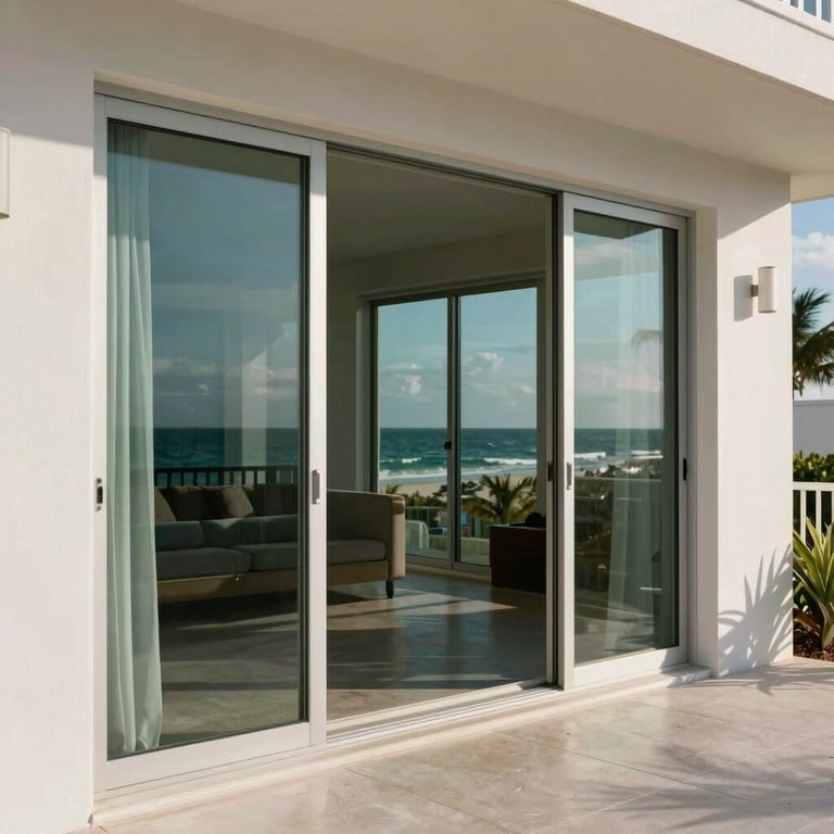 A stylish beachfront property featuring hurricane-rated sliding glass doors reflecting the coastal Florida sunlight.