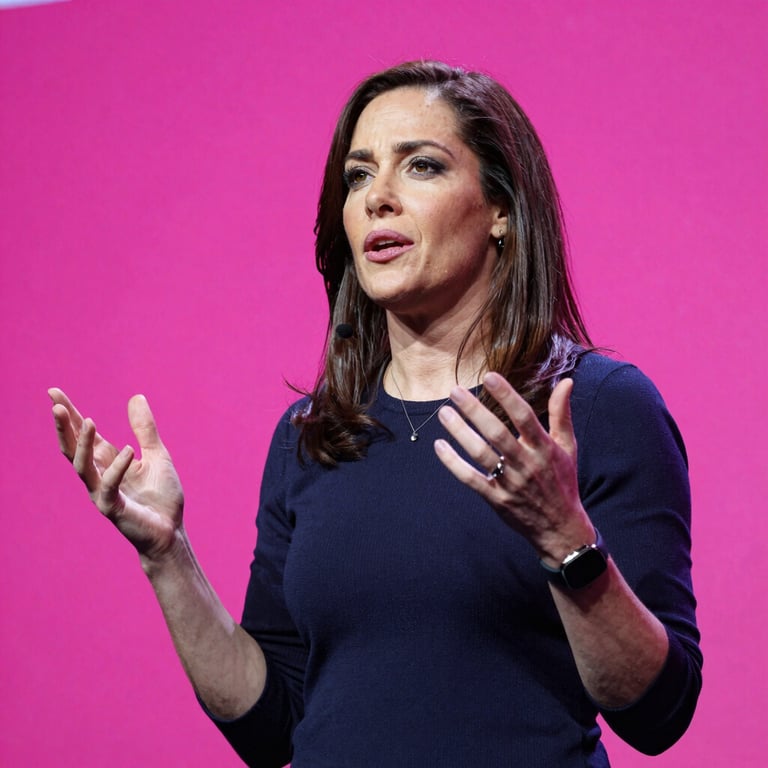 North American / US setting. Rachel Bee delivering a powerful keynote speech, gesturing confidently. Brilliant hot pink background.