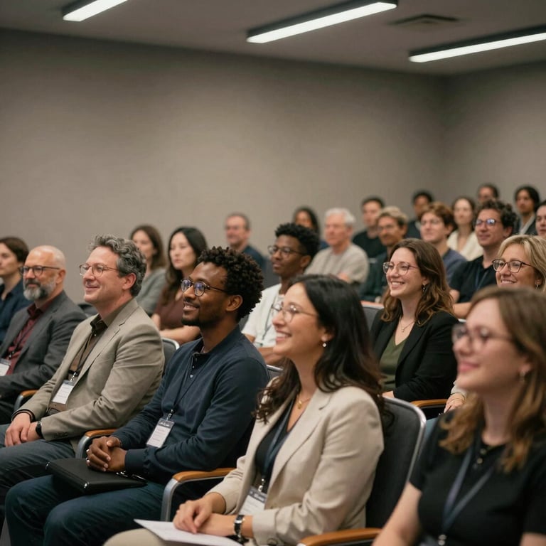 North American / US setting. A diverse audience engaged and smiling, looking inspired by a speaker. Chic modern auditorium.
