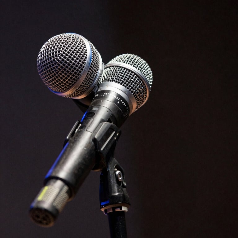 North American / US setting. A close-up of a microphone on a stage with sophisticated lighting, exuding empowering energy.