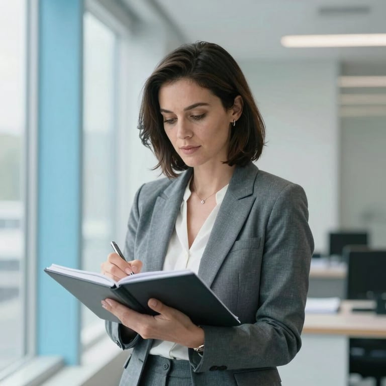 North American / US setting. Confident professional woman taking notes, bright modern environment, light blue accents.