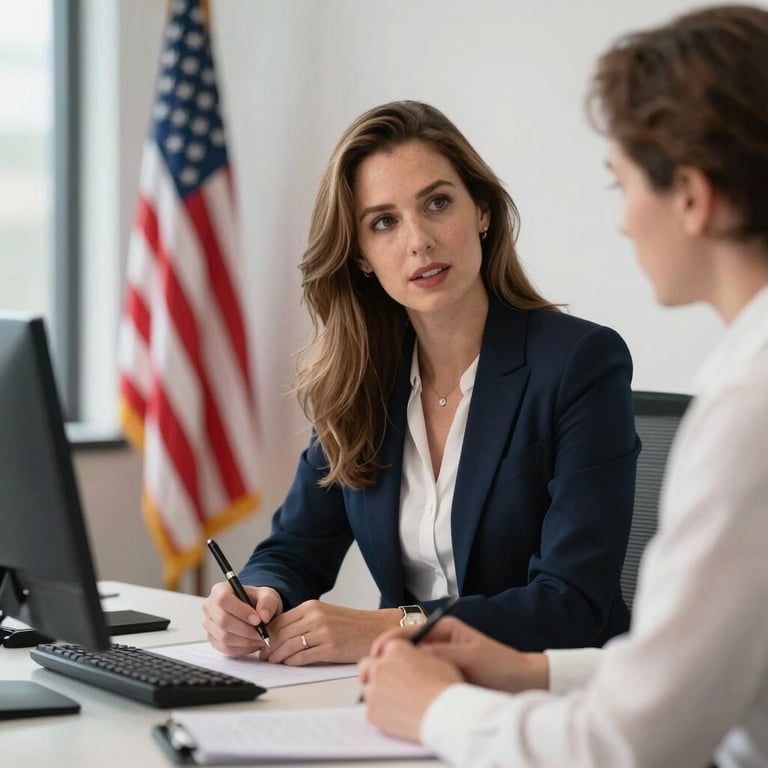 North American / US setting. Rachel Bee in a one-on-one coaching session, navy and white professional office, approachable.