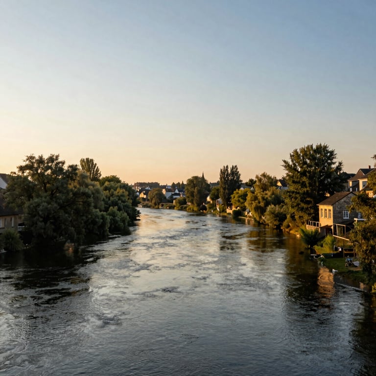 View of the Dordogne river in the Lot region at golden hour, peaceful and professional atmosphere.