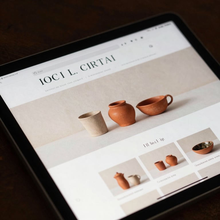 Close-up of a tablet showing a minimalist website layout for a local artisan, terracotta accents.