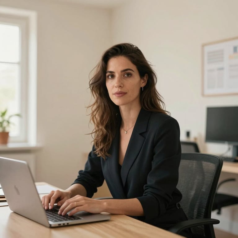 A professional portrait of a woman freelance web designer in a bright, modern office in Souillac, French / Southern France, cream colored walls.