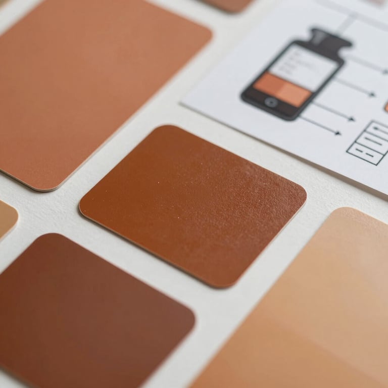 Detailed shot of a moodboard with terracotta and amber color swatches and web design sketches.