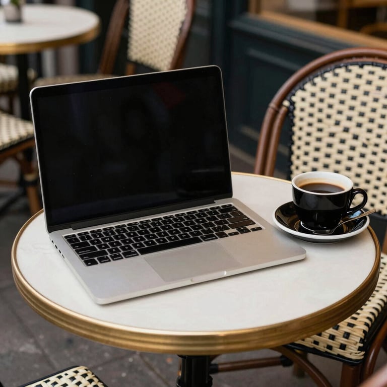 A stylish French cafe table in Souillac with a laptop and a black coffee, representing the local workspace.